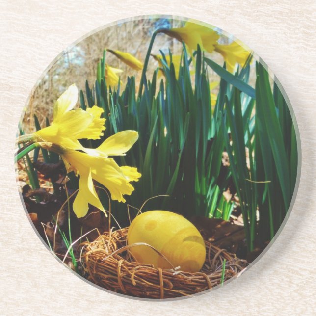 Posavasos De Arenisca Papeles amarillos y huevo de Pascua Amarillo (Frente)