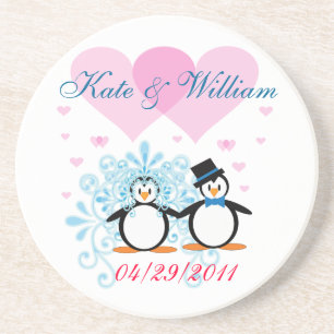 Posavasos De Arenisca Pascua de pingüino feliz Boda: personalizable