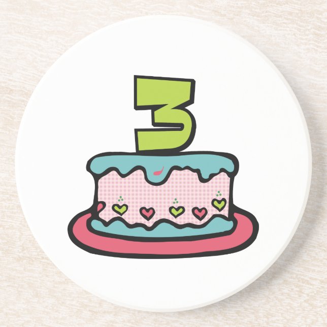 Posavasos De Arenisca Pastel de cumpleaños de 3 años (Frente)