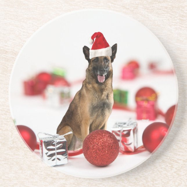 Posavasos De Arenisca Pastor alemán perro con Navidades Regalos Santa Ha (Frente)