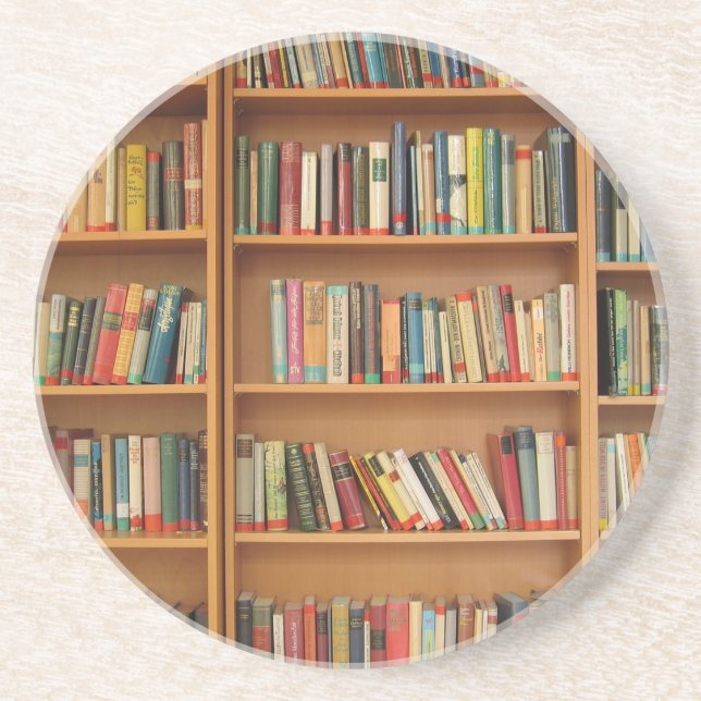 Posavasos De Arenisca Patrón clásico de estantería, librería, libros, vi (Frente)