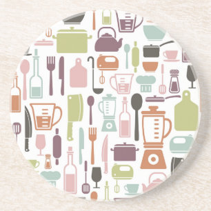 Posavasos De Arenisca Patrón con coloridos iconos de cocina