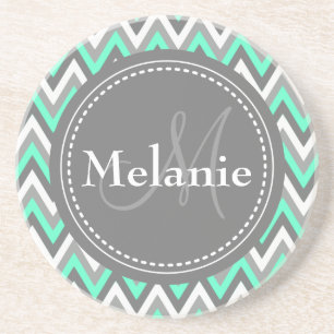 Posavasos De Arenisca Patrón de cheurón azul y gris monogramado