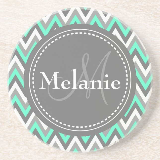 Posavasos De Arenisca Patrón de cheurón azul y gris monogramado (Frente)