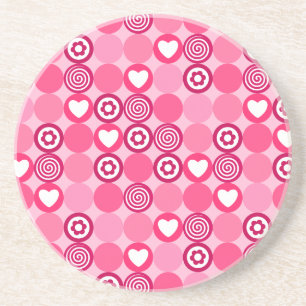 Posavasos De Arenisca Patrón de Corazones Rosados y Flores de Puntos par