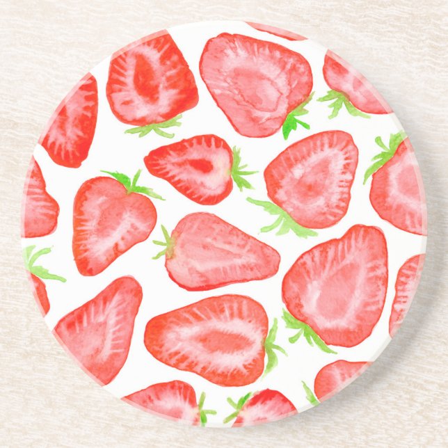 Posavasos De Arenisca Patrón de fresas de color agua (Frente)