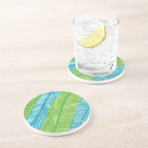 Posavasos De Arenisca Patrón de hojas de palma verdes y azules