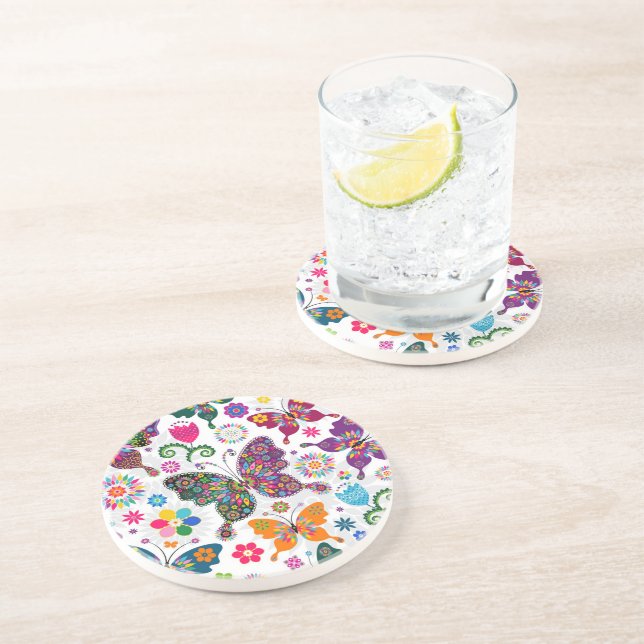 Posavasos De Arenisca Patrón De Mariposas Y Flores Retro (Lado)
