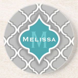 Posavasos De Arenisca Patrón de mosaico marroquí, Verde azulado y gris