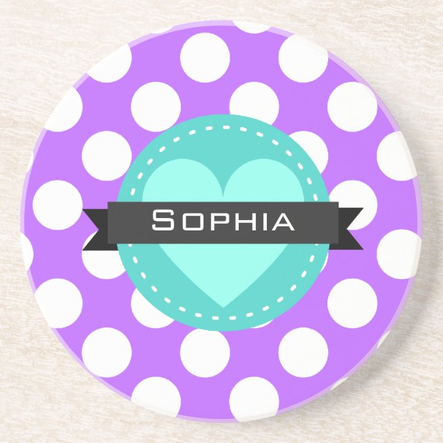 Posavasos De Arenisca Patrón de punto de polka azul morado (Frente)