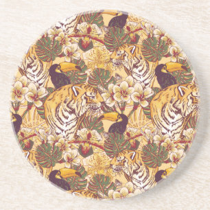 Posavasos De Arenisca Patrón floral tropical con tigre