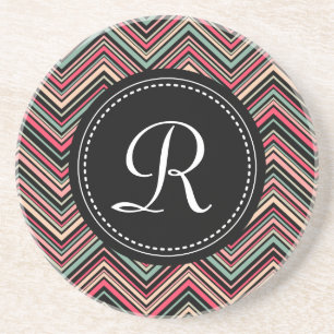 Posavasos De Arenisca Patrón Monogramado de Chevron Tribal Colorido