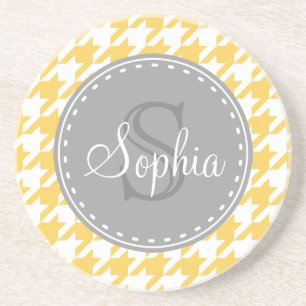 Posavasos De Arenisca Patrón Monogramado de Houndstoth Blanco Amarillo