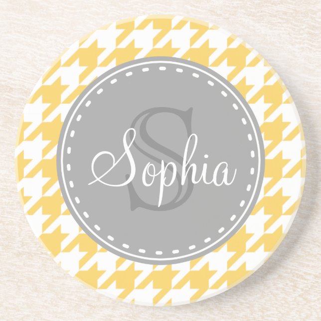 Posavasos De Arenisca Patrón Monogramado de Houndstoth Blanco Amarillo (Frente)