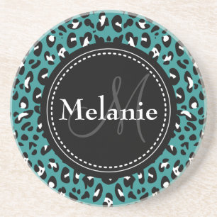 Posavasos De Arenisca Patrón Monogramado de Leopardo Blanco Negro Verde