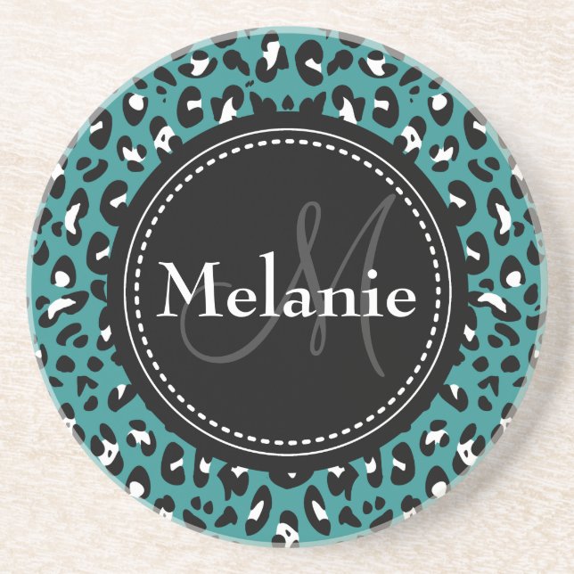 Posavasos De Arenisca Patrón Monogramado de Leopardo Blanco Negro Verde  (Frente)