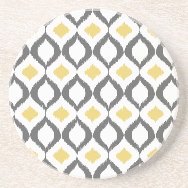 Posavasos De Arenisca Patrón retro geométrico de ikat amarillo gris (Frente)