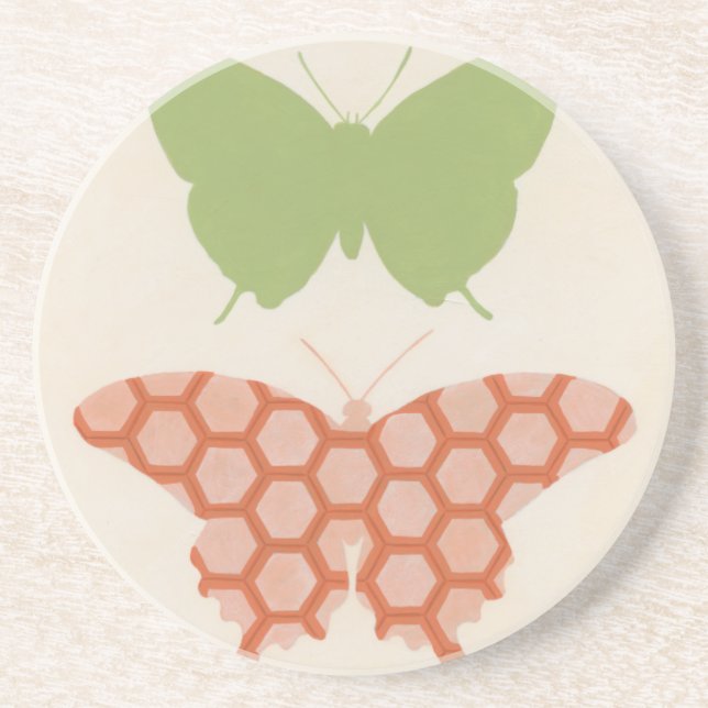 Posavasos De Arenisca Patrones decorativos de mariposa en fondo crema (Frente)