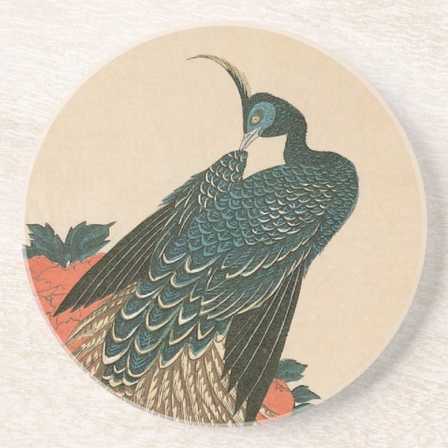 Posavasos De Arenisca Peacock y peonías de Hiroshige, arte japonés (Frente)