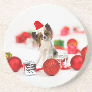 Posavasos De Arenisca Perrito Papillon Lindo Sombrero de Santa de Navida