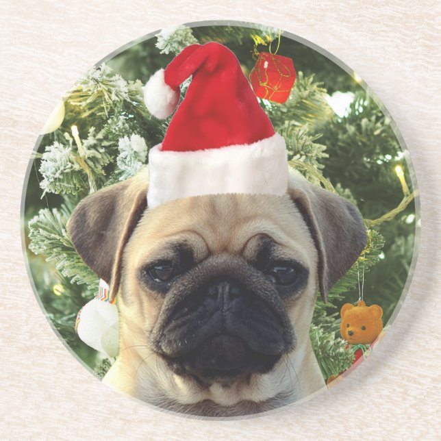 Posavasos De Arenisca Perro de pug cachorro árbol de Navidad Ornamentos  (Frente)