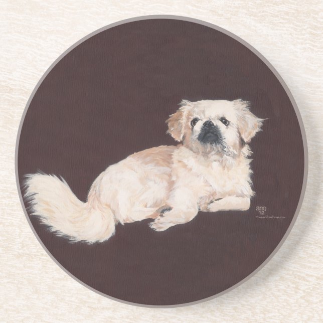 Posavasos De Arenisca Perro pekinés blanco (Frente)