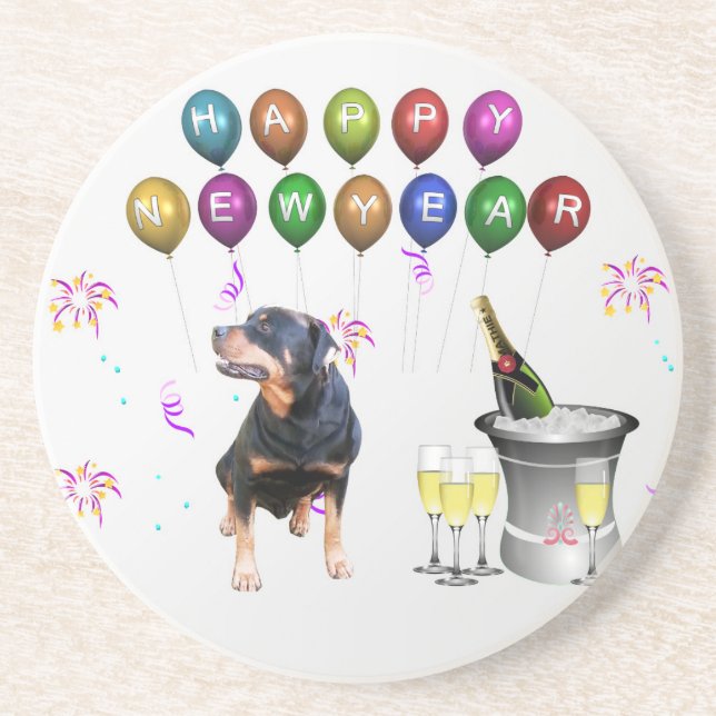 Posavasos De Arenisca Perro Rottweiler Feliz Año Nuevo (Frente)