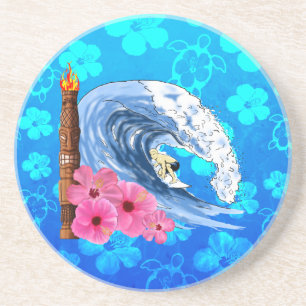 Posavasos De Arenisca Persona que practica surf y estatua de Tiki