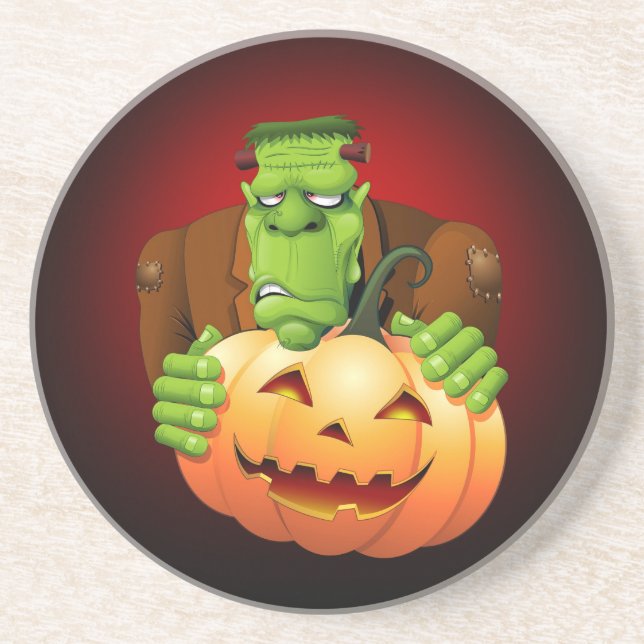 Posavasos De Arenisca Personalizado Frankenstein con Calabaza (Frente)