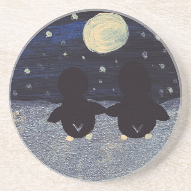 Posavasos De Arenisca Pingüino Por Luz De La Luna (Frente)