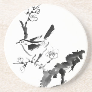 Posavasos De Arenisca Pintura china, flor del ciruelo y pájaro