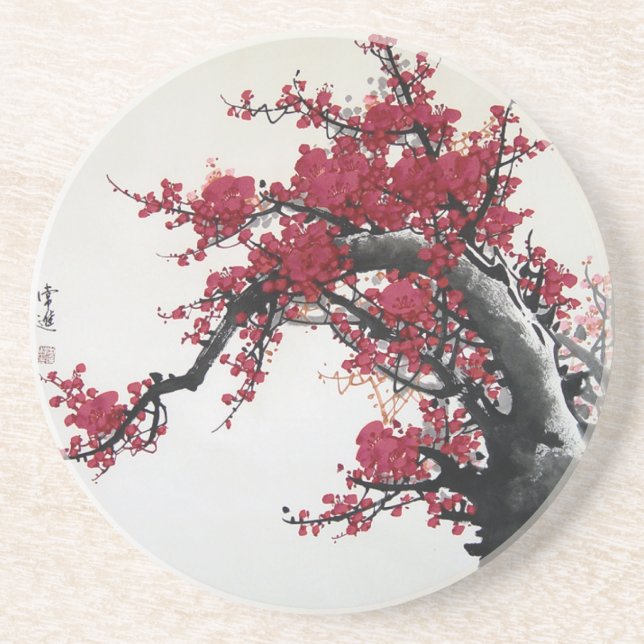 Posavasos De Arenisca Pintura china - práctico de costa de la flor de (Frente)
