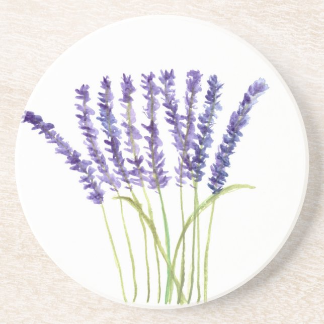 Posavasos De Arenisca Pintura de acuarela de lavanda, flores moradas (Frente)