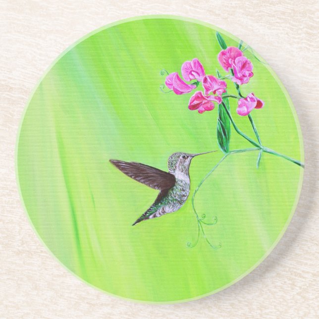 Posavasos De Arenisca Pintura de colibrí y guisantes dulces (Frente)