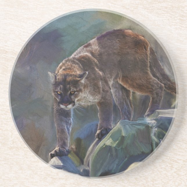 Posavasos De Arenisca Pintura de gato grande de león de la montaña Couga (Frente)