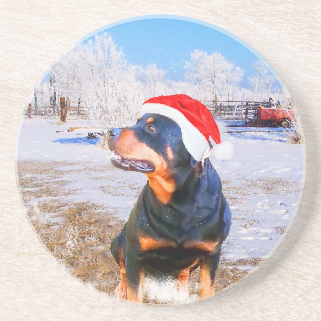 Posavasos De Arenisca Pintura de Navidades de perro de Rottweiler (Frente)