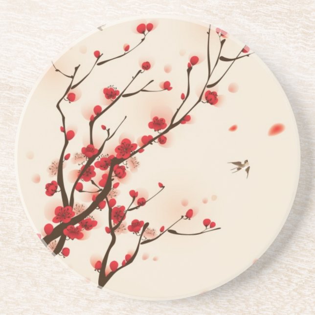 Posavasos De Arenisca Pintura oriental del estilo, flor del ciruelo en (Frente)