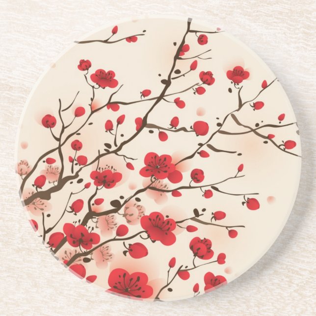 Posavasos De Arenisca Pintura oriental del estilo, flor del ciruelo en (Frente)