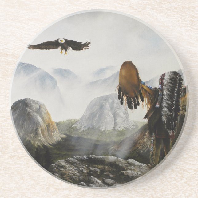 Posavasos De Arenisca Pintura sobre el águila de montaña rusa y el indio (Frente)