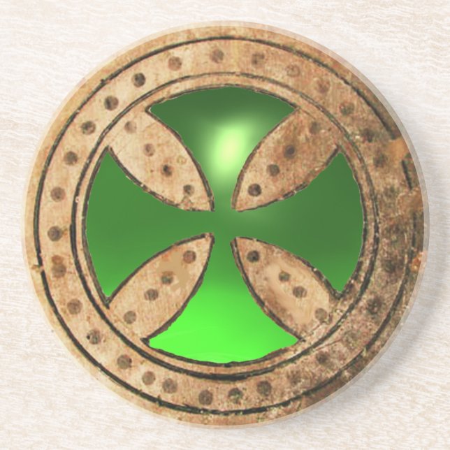 Posavasos De Arenisca PLANTILLA ANTIGUA Gema de Esmeralda Verde CRUZ (Frente)