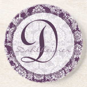 Posavasos De Arenisca Plum Damask Monograma Boda Aniversario de la escor