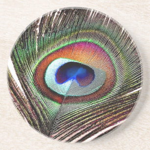 Posavasos De Arenisca Pluma Colorida de Pavo Real de Cobre