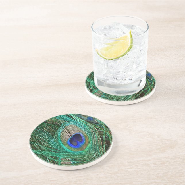 Posavasos De Arenisca Pluma de pavo real azul india (Lado)