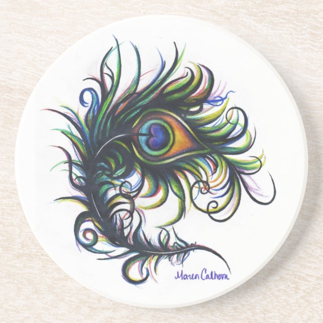 Posavasos De Arenisca Práctico de costa de la pluma del pavo real (Frente)