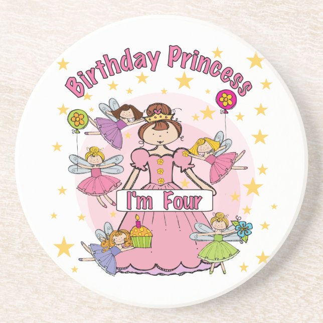 Posavasos De Arenisca Princesa de cumpleaños soy Cuatro camisetas y rega (Frente)