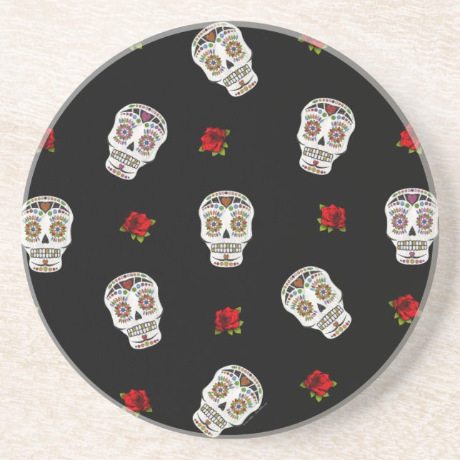 Posavasos De Arenisca RAB Rockabilly Sugar Skulls Rosas en negro (Frente)