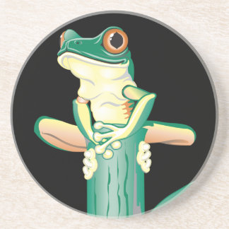 Posavasos De Arenisca Rana de árbol verde sonriente en bambú