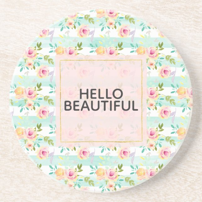 Posavasos De Arenisca Rayas de menta Floral Chic (Frente)