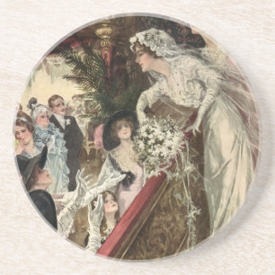 Posavasos De Arenisca Recién casados vintage, novia victoriana lanzando