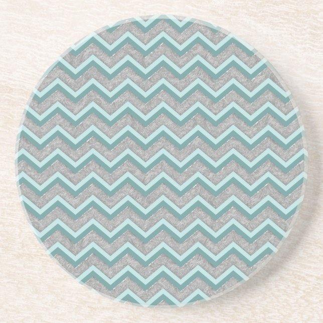 Posavasos De Arenisca Relieve metalizado plateado y ZigZag Verde azulado (Frente)